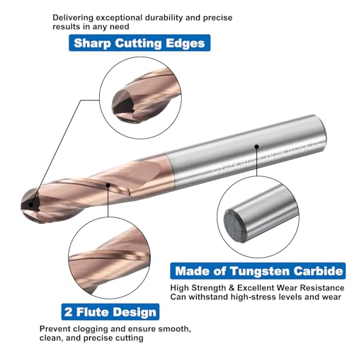 Image of HARFINGTON Ball Nose End Mill 2 Flute 5 /16 inch Diameter 5 /16 inch Shank Tungsten Carbide Uncoated Spiral CNC Router Bits 0.81 inch Cutting Length Single End Ball for Carving Engraving Grinding