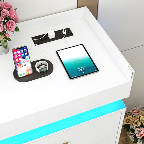 Image of Hlivelood 12 Drawer Dresser with LED Light and Charging Station, 70 inch Modern Chest of Drawers for Closet, Wide Drawer Organizer Cabinet for Bedroom, Living Room, Entryway, Hallway, White