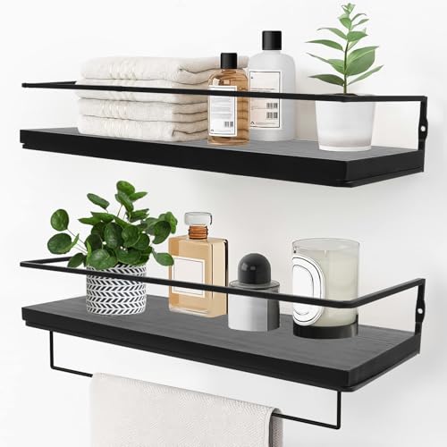 Qivine 40cm Estante de Pared de 2 Niveles, Negro Baldas de Madera Multiusos, Rústico Estanteria Baño para Dormitorio, Salón, Cocina, Librería