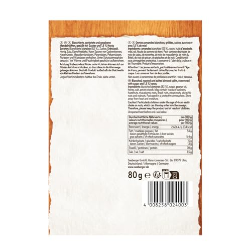 Seeberger Mandeln Honig & Salz 13er Pack: Honigsüß trifft nussig-salzig - halbierte Mandelkerne als handlicher Begleiter für unterwegs - geröstet & gesalzen, vegetarisch (13 x 80 g)
