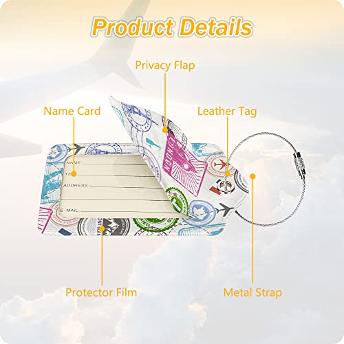 Image of Set of 2 Luggage Tag for Suitcases Leather Stamp Baggage Tags with Stainless Steel Loop Privacy Name ID Card Cover Travel Bag Labels Set for Women Men Kids Girls