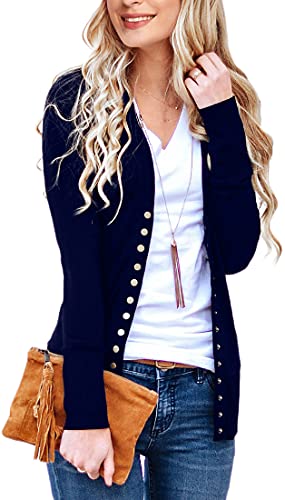 NENONA Women s V-Neck Button Down Knitwear Long Sleeve Soft Basic Knit Cardigan Sweater(New Navy-XL)