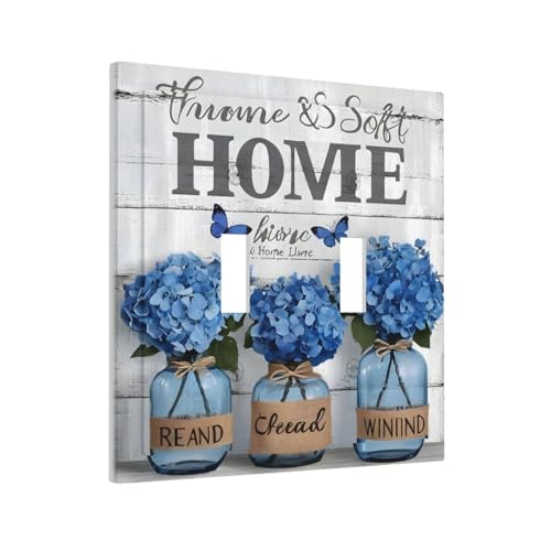 Decorative Light Switch Cover Plate Blue Flower Bottles Wood Plank 2 Gang Wall Plate Oversized Double Toggle Two Switch Wall Cover Plate Dual Device Faceplate