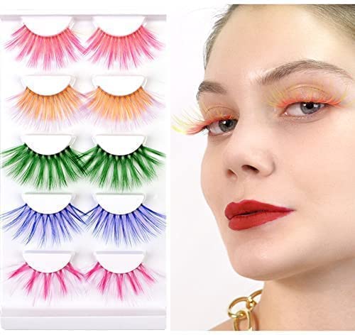 Hskie Fluffy Wispy Colored Lashes Color Pink Green Purple Yellow Faux Mink Eyelashes Festival Cosplay Stage Makeup Eyelashes 5Pairs #TOP3