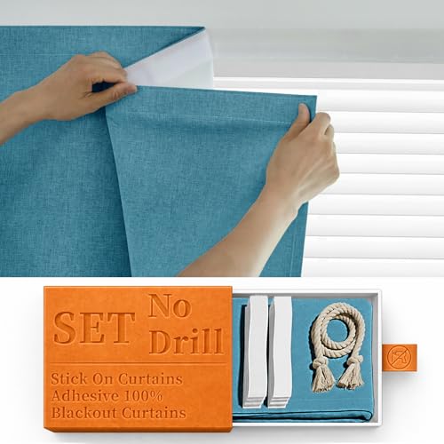 Image of 100% Blackout Magic Tape Stick On Curtains Window Shades Pull Down Blackout Window Cover No Drillng Self Adhesive Curtains No Rod Small Windows, W35 x L60 inch, 1 Panel, Stone Blue