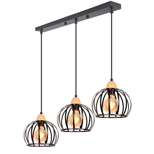 iDEGU 3 Luces Lámpara Colgante Vintage Lámpara de Techo en Madera y Metal Industrial Lámpara de Araña Diseño Jaula Retro Iluminación E27 Luz Colgante para Sala de Estar Cocina Salón (Barra, Negro)