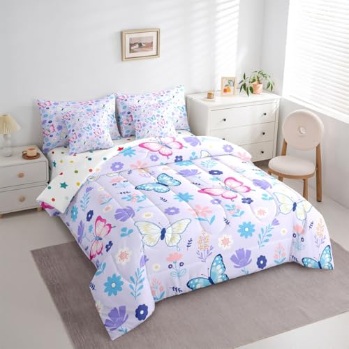 Image of Erosebridal Flying Butterflies 7 Pieces Bedding Set King Size,Pink and Blue Bed in a Bag,Cartoon Garden Floral Bed Set Includes Comforter,Sheet Set,Pillowcases & Pillow Covers,Wildlife Bedroom Decor
