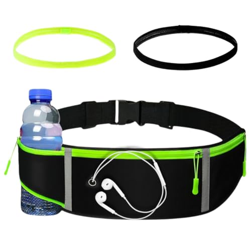 Riñonera Running Mujer y Hombre + 2 Cintas para el Sudor. Cinturón Running Impermeable con Porta Botellas, Bolsillos para Móvil, Tarjetas y Llaves, Riñonera Correr Reflectante con Salida Auriculares.