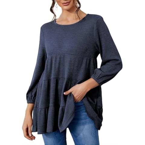 CHGBMOK Womens Crew Neck Waffle Tunic Top Long Sleeve Peplum Pullover Babydoll Casual Flowy Swing Tshirts Pullover Sweaters(Medium,Navy) Cover