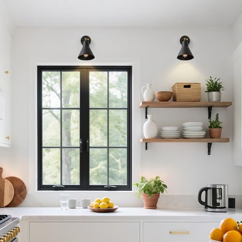 Image of LALUZ Black Wall Sconce with Swing Arm, Adjustable Modern Farmhouse Wall Light with Gold Accent for Bedroom, Kitchen, Bathroom, Bedside Reading