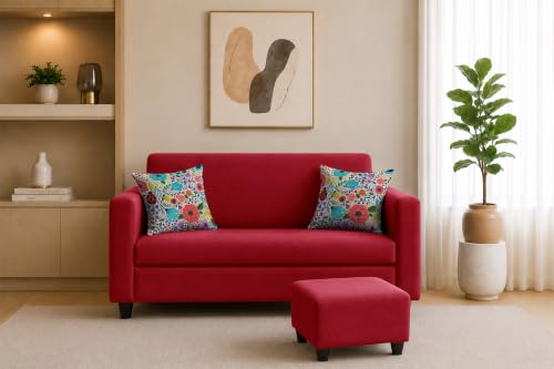 Image of Rosebell 2 Seater Sofa with Ottoman | Living Room Couch | with Printed Cushions | Sofa for Home, Apartment & Office-Red Color