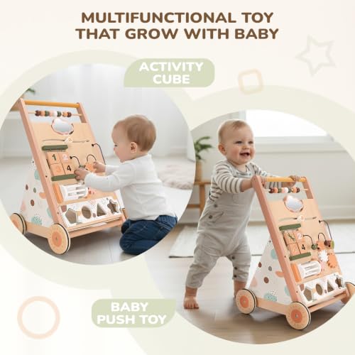 Image of Joyreal Wooden Push & Pull Toy Montessori Baby Activity Center for Toddlers | Adjustable Speed, 8-in-1 Baby Activity Cube, Shape Sorter, Sit-to-Stand, Christmas First Birthday Gifts, 12+ Months, Morandi