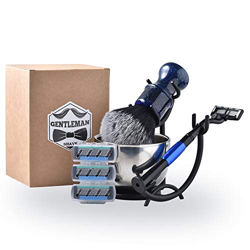 Men‘s Shaving Brush Set, 5 Pcs Grooming Set Includes Shaving Brush, Brush Holder, Shaving Bowl, Razor and Blades