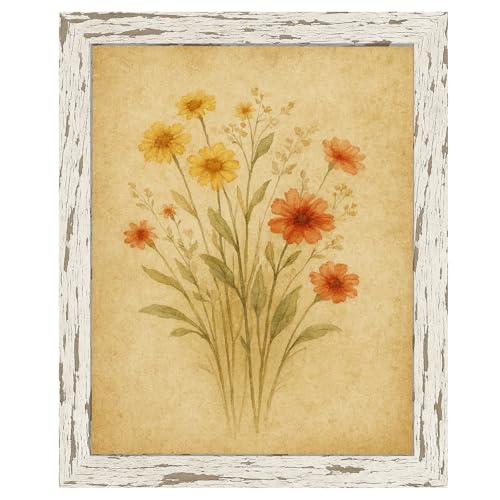 puthiac 8x10 Rustic Picture Frame, Distressed Wood-Look Finish, Vintage Art Print Included, Farmhouse Wall or Tabletop Decor for Bedroom, Living Room, Hallway or Office, Distressed White