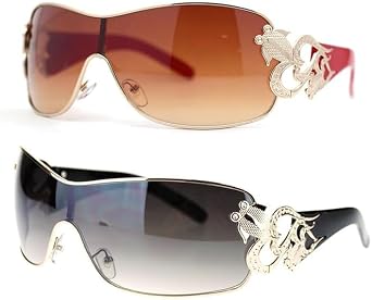 SA106 2-Pack Womens Coy Metal Jewel Designer Fashion Shield Warp Sunglasses 1 of Black Gold and Red