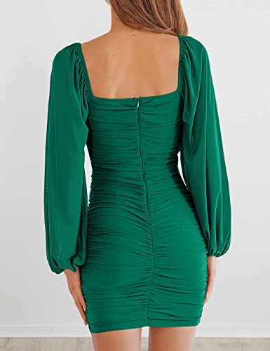 Image of MEROKEETY Women Square Neck Lantern Long Sleeve Mesh Ruched Bodycon Clubwear Mini Dress