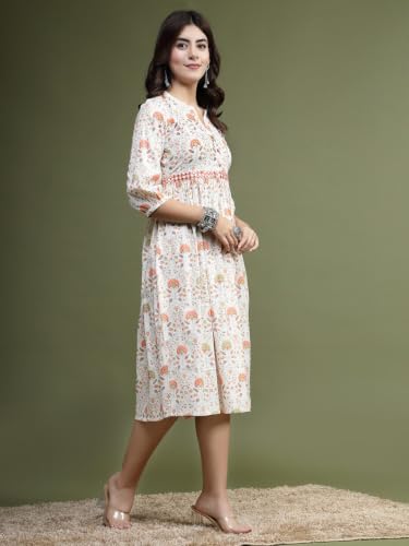 Image of Rama's Women's Printed Cotton One Piece Dress | V-Neck | 3 /4 Sleeves | Empire Waist | Knee Length Casual Dress for Women