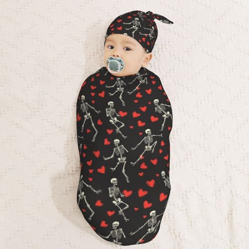 Image of Hearts and White Skeletons Dancing Newborn Swaddle Blankets Hat Sets Soft Baby Receiving Blanket Swaddle Sack for Baby Shower Infant Boy Girl Gift