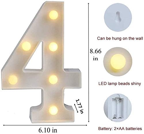 Image of Marquee Number 4 LED Light Lamp | Warm White Night Light | Battery-Operated Decorative Numeric Lamp for Home, Birthday, Wedding, Party & Anniversary Decor