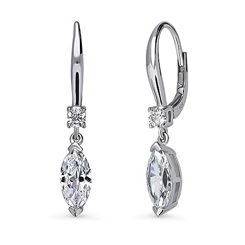 BERRICLE Sterling Silver CZ Solitaire with Side Stones Wedding Leverback Drop Dangle Earrings for Women, Cubic Zirconia - Asscher, Cushion, Heart Shaped, Marquise, Princess Cut