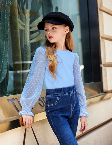 Image of Arshiner Girls Long Sleeve Shirt with Ruffle Cuffs Polka Swiss Dots Kids Girls Pullover Shirts Cute Crewneck Girls Top