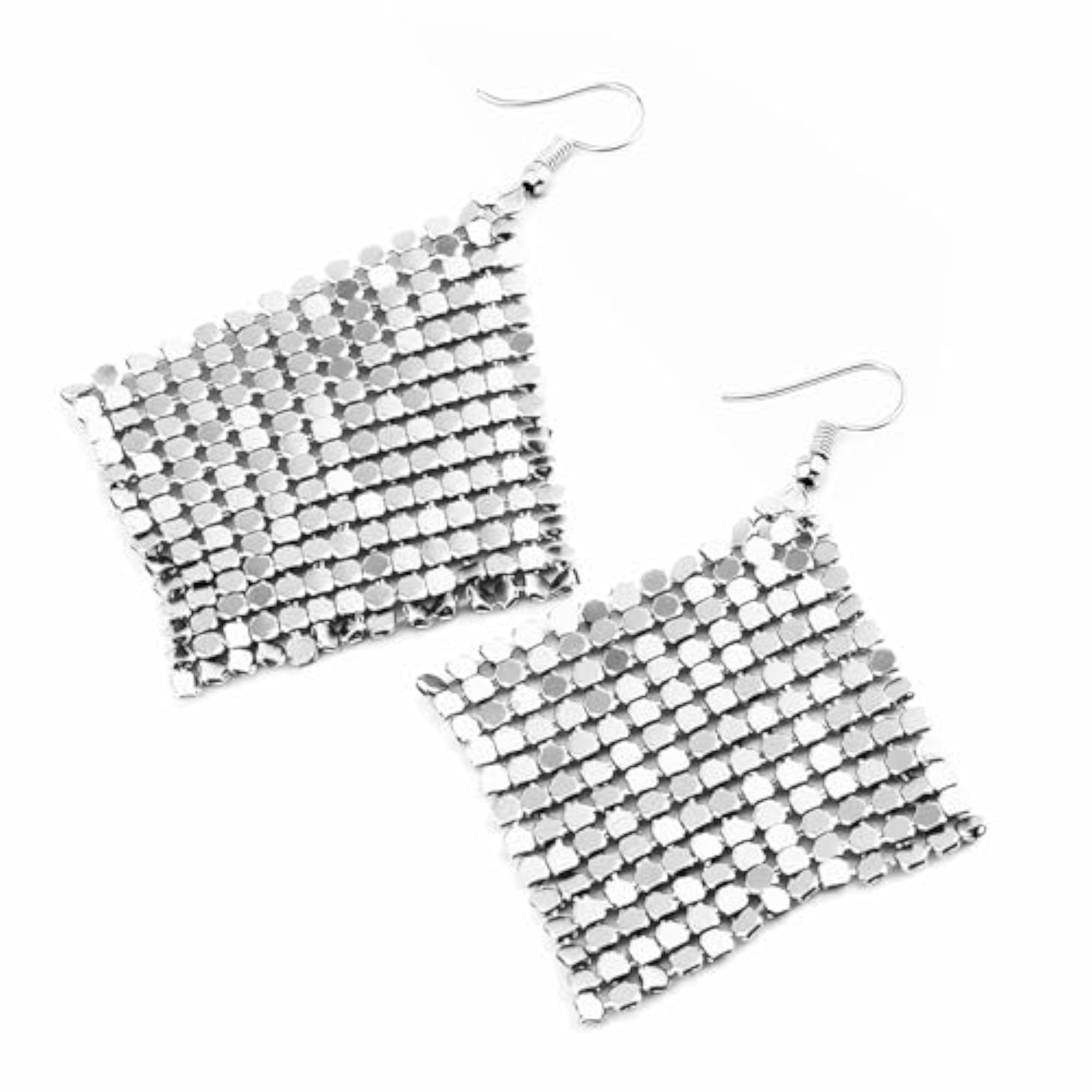 Silver Mesh Grid Style Shiny Sequins Tassel Dangle Earrings