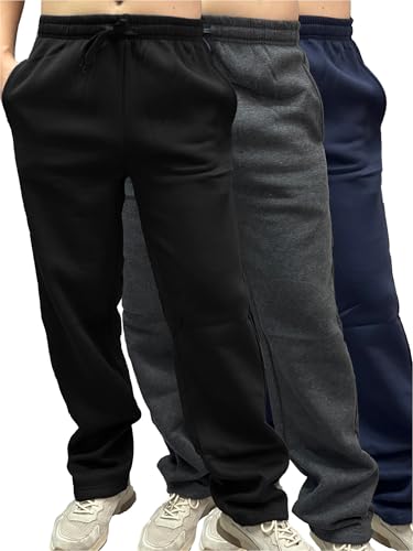 3 Pack Mens Fleece Athletic Loose Baggy Sweatpants Drawstring Workout Active Open Bottom Sweat Pants Big and Tall