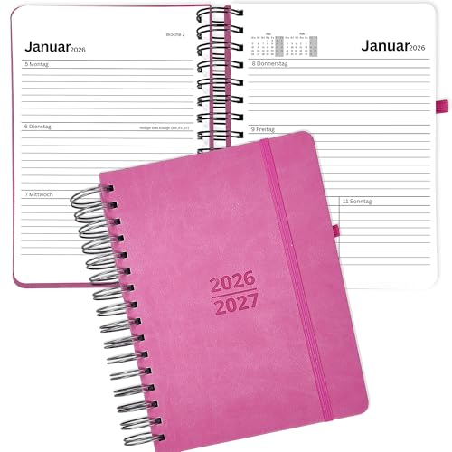 2 Jahre DIN A5 2026 2027 Terminplaner Kalender auf Deutsch Terminkalender Wochen-Planer Ausgaben Organizer Agenda Wochenkalender Buchkalender mit Kunstleder-Hardcover & 120g/m Papier Pink