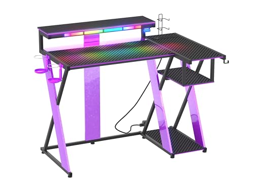 Image of Bestier Computer Desk with Music Sync Light, Flow Vibe Corner Gaming Desk with Monitor Stand and PS5 Storage Shelves, Cup Holders, and Headset Hooks for Bedroom Small Space (Black Purple, 42 Inch)