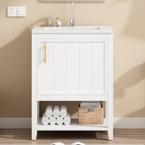 Merax Lavabo simple avec meuble sous-vasque, 60 cm, avec lavabo en céramique, étagère et espace de rangement spacieux, pose au sol - Blanc
