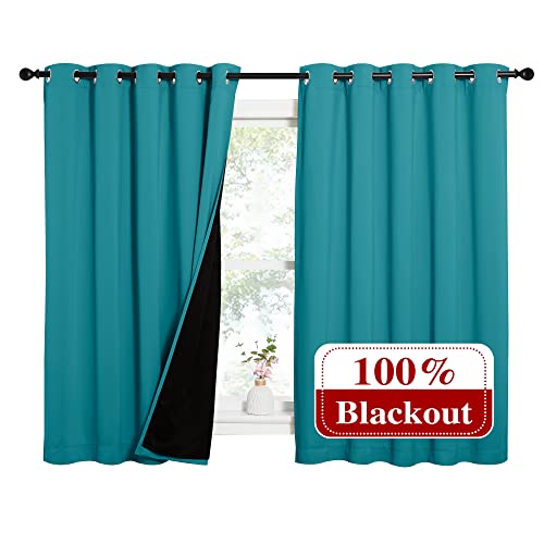 Image of NICETOWN Peacock Teal 100% Blackout Lined Curtains, 2 Thick Layers Completely Blackout Window Treatment Thermal Insulated Drapes for Kitchen /Bedroom (1 Pair, 62 inch Width x 63 inch Length Each Panel)