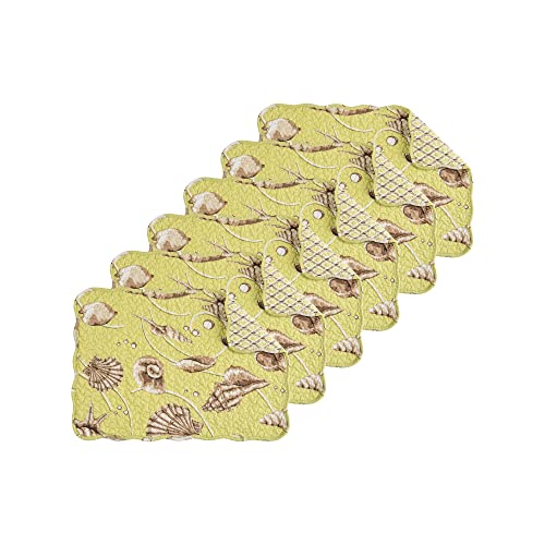 Image of C&F Home Baker Cotton Quilted Reversible Machine Washable Green Seashell Vintage Design Placemat Set of 6 Scalloped Edges Coastal Beach Ocean for Kitchen or Dining Table Rectangular Placemat Set of 6