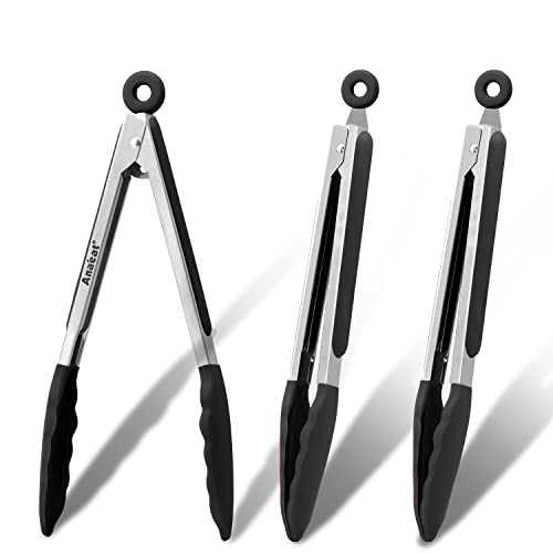 Anaeat 3 Pack 7 Mini Non-Stick Silicone Locking Tongs - Stainless Steel Kitchen Food Tong with Non-Slip Silicone Tips and Grip for Cooking, Baking and BBQ - Heat Resistant up to 480°F (Black)
