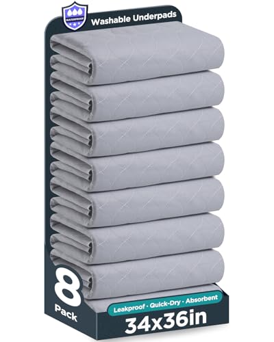 Image of Washable Bed Pads 34 inch x 36 inch - 8 Pack, Grey, Waterproof Bed Pads for Incontinence, Bed Wetting Pads for Bed, Sofa, Floor, Resuable Underpads for Adults, Seniors, Pet