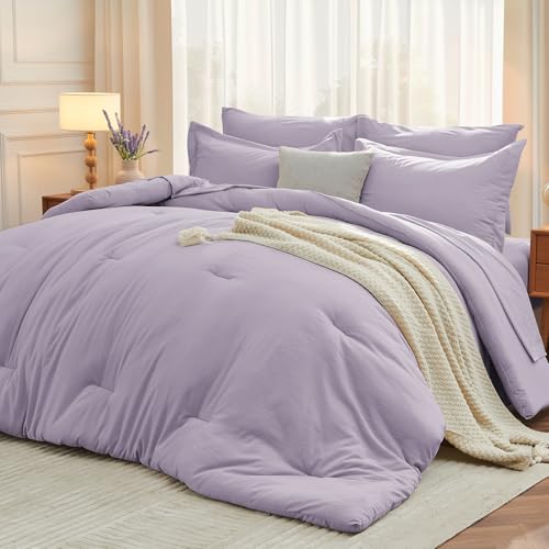 MUXHOMO 7 Pieces California King Comforter Set, Soft Bed in a Bag Cal King Size, All Season Bedding Set with Comforter, Flat Sheet, Fitted Sheet, Pillowcases & Shams, Lavender