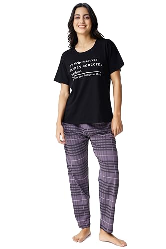 Image of Night Suit for Womens Checks Printed Cotton Night Dress of Top and Pajama Set 9410