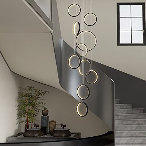 Modern Led Chandelier Lighting,Dimmable With Remote Control 10 Rings Black Pendant Light Adjustable Height Hanging Ceiling Light Fixture,For Staircase Foyer High Ceiling Living Room #TOP1