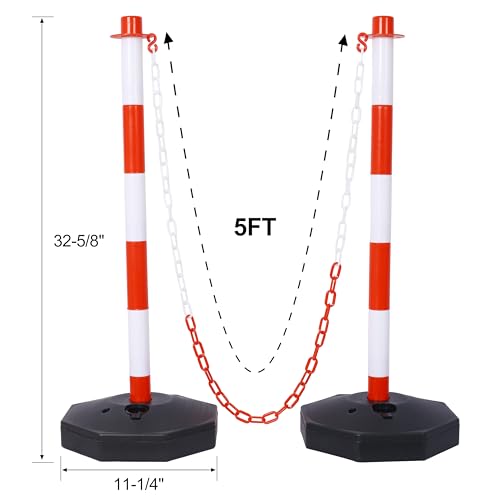 6 Pack Traffic Delineator Post Cones with Fillable Base, Expandable Traffic Safety Barrier with 5Ft Plastic Chain, Adjustable Plastic Safety Barrier for Traffic Control and Warning, Red and White