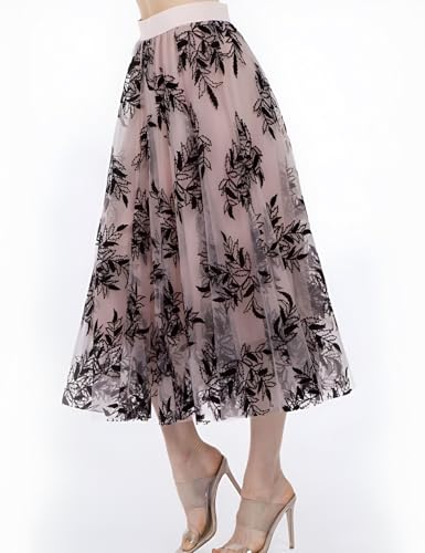 Flygo Women's Midi Long Tulle Skirts Dressy Casual Elegant A-Line Elastic Waist Foliage Embroidery Mesh Skirt2