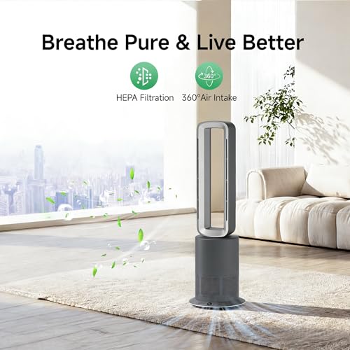 Image of Xcity TP09Pro Bladeless Tower Fan, 3-in-1 Air Purifier, Space Heater & Cooling Fan, Remote Control, HEPA H13 Filtration for Bedroom & Home Office Commercial, Silver & Gray