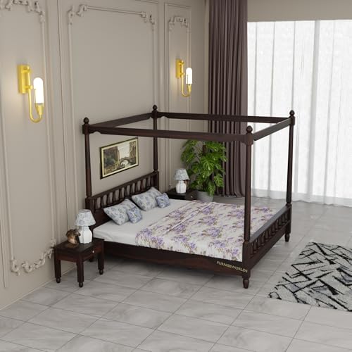 Image of Sheesham Wood Bed King Size Poster Bed Canopy Bed | cot for Bedroom and Hotel | Solid Wood King Size cot 1 Year Warrenty (Walnut Finish, King)