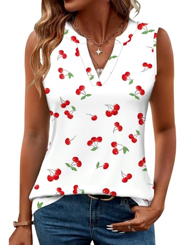 Romanstii Sleeveless Shirts for Women V Neck Summer Tank Blouses Dressy Casual Going Out Tops Regular Elastic Cotton Tunic Cherry