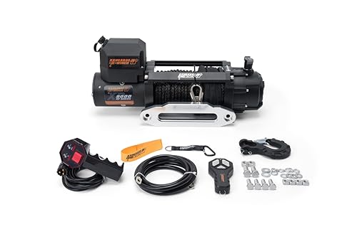 KANGAROO WINCH Schnelle Elektrische Seilwinde 12V mit Funkfernsteuerung - 9000 lbs Zugkraft - Langlebiges Kunststoffseil - Perfekt für Offroad - 4x4 Forst- und Nutzfahrzeuge (K9000XP)