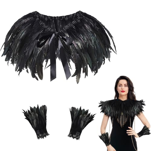 Orgoue 2 PCS Feather Shawl, Gothic Black Feather Shrug Cape with Gloves for Women for Halloween Carnival Cosplay Round Neck
