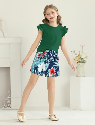 Image of Girls Shorts Sets 2 Pieces Summer Outfits Ruffle Sleeve T-Shirts and Shorts with Pockets Cute Clothes Sets