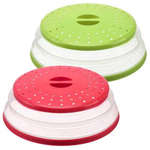 2 Pcs Cover for Food Collapsible Microwave, Splatter Cover BPA free Food Colander Dishwasher Safe, Foldable, Fruit Tray, Round with Grip Handle（Green+Red）