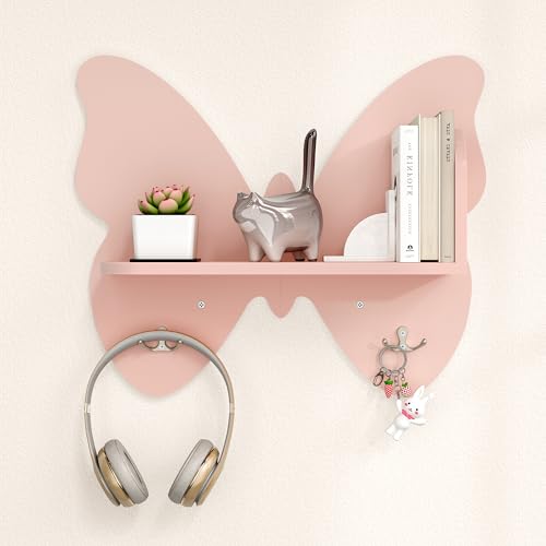 LUE BONA Wandregal Holz,Schweberegal Schmetterlingsstil,Wandregal Kinderzimmer,Regalbrett,Hängeregal Holz,Wall Shelf für Wohnzimmer Schlafzimmer Badezimer,12 x 46 x 38 cm,Rosa-Flach