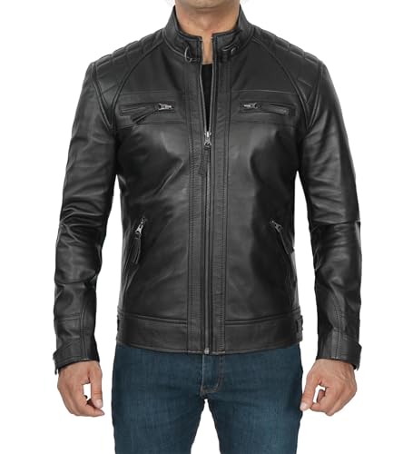 Image of Decrum Mens Cafe Racer Leather Jackets - Motorcycle Racing Style Black And Brown Real Lambskin Jacket for Men