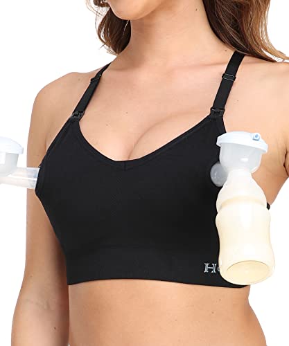 Image of HOFISH Women's Seamless All-in-One Hands Free Pumping Bra Supportive Maternity Nursing & Everyday Bra Fits Most of Breast Pumps Like Lansinoh, Philips Avent, Spectra, Evenflo,Ameda,etc.Black M