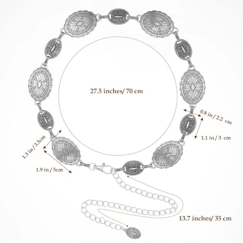 Western Concho Chain Belt Oval Antique Silver Waist Chain for Women Vintage Cowgirl Adjustable Metal Belly Accessories Retro Design Ornaments for Dress Jeans Country Concert Outfit3